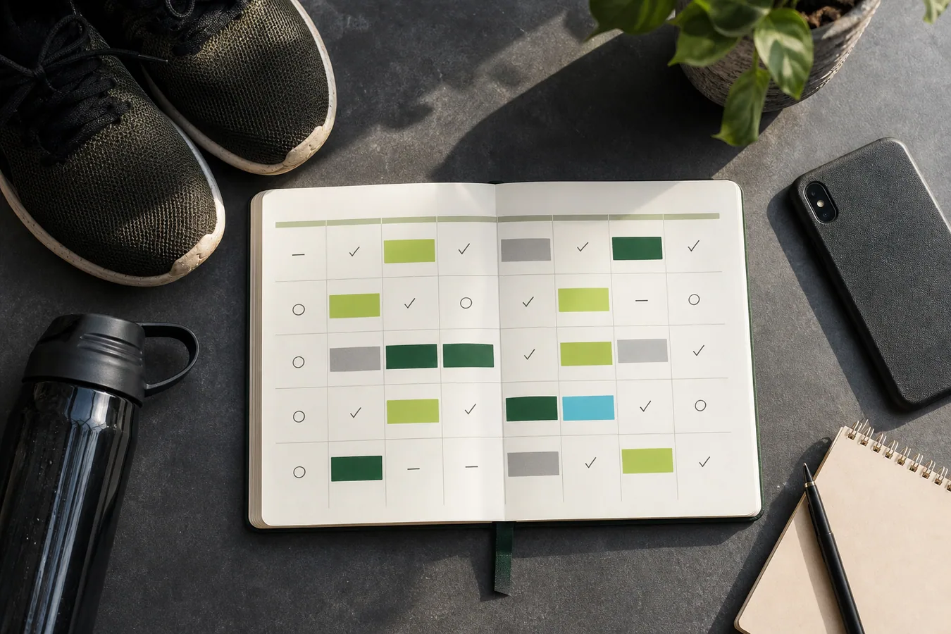 A simple flexible weekly workout plan represented with blank blocks beside training shoes