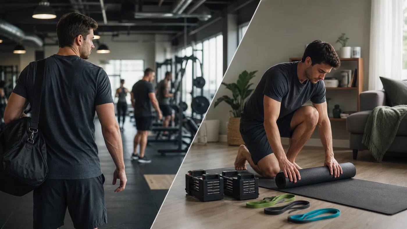 A person choosing between a gym workout and a short home recovery session