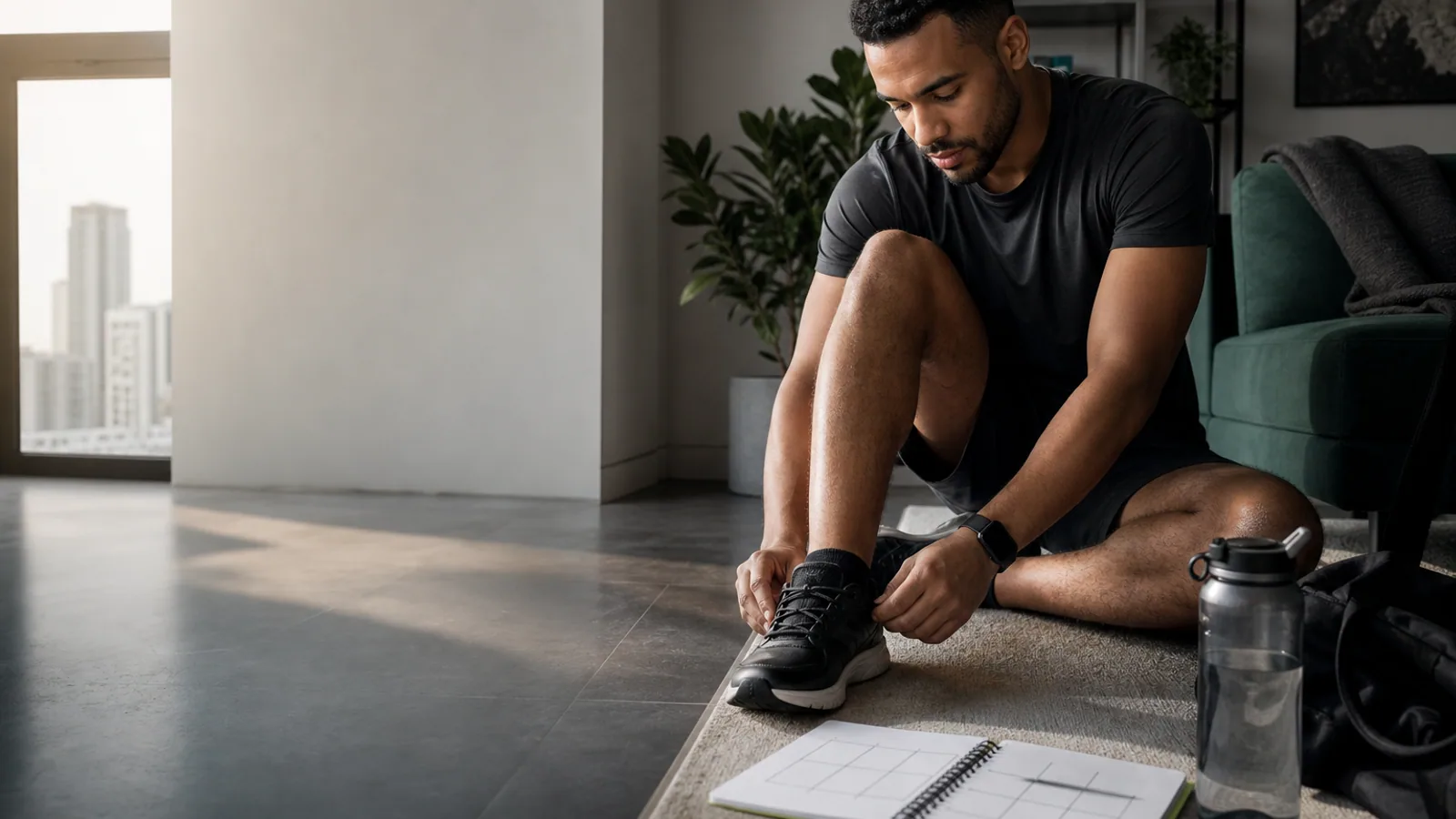 A busy professional preparing for a flexible workout plan in a bright apartment