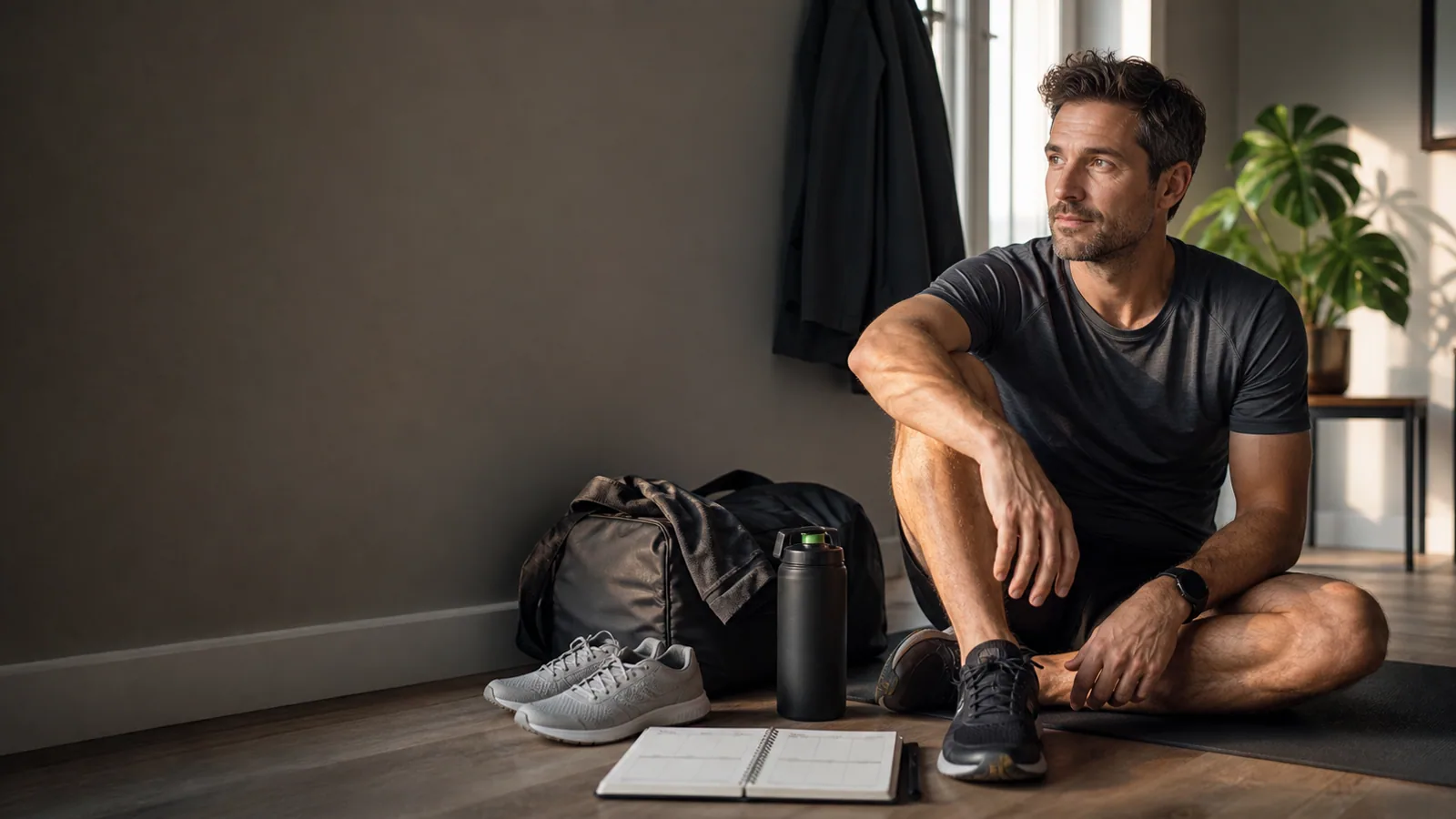 A person returning to a home workout space after missing a training day