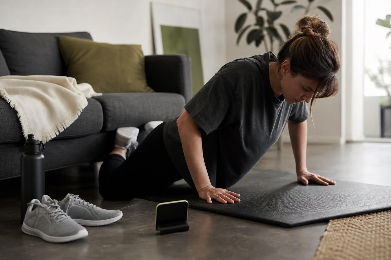 A simple home workout ritual with shoes, water, a timer, and small weights