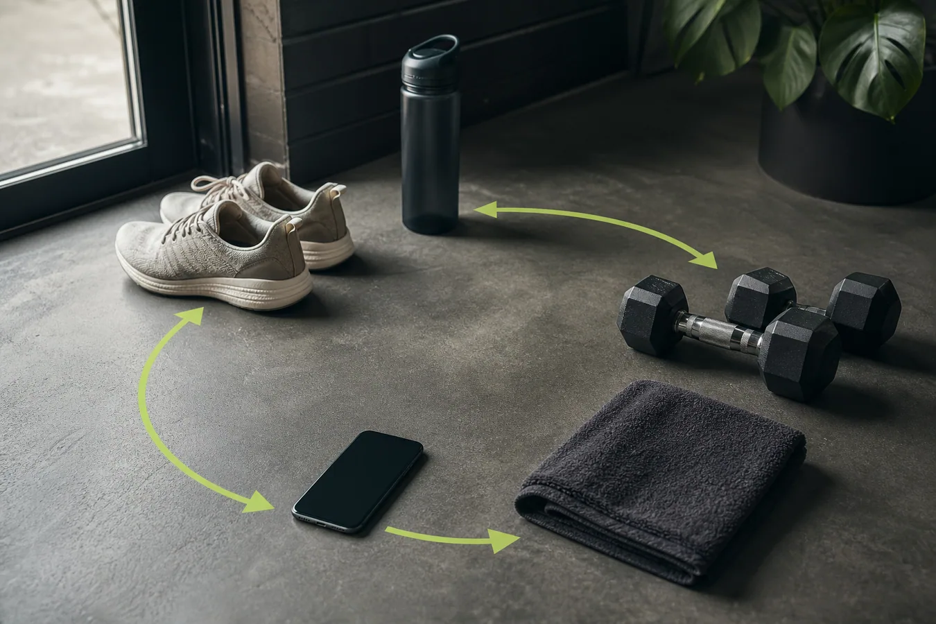 An ordinary imperfect home workout with a water bottle and simple weights