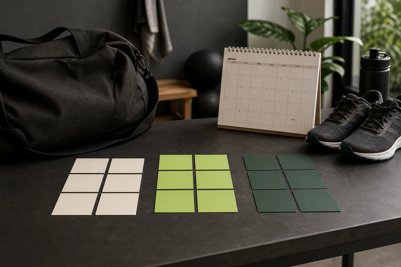 A simple three-phase 90-day training roadmap represented by blank blocks and gym equipment