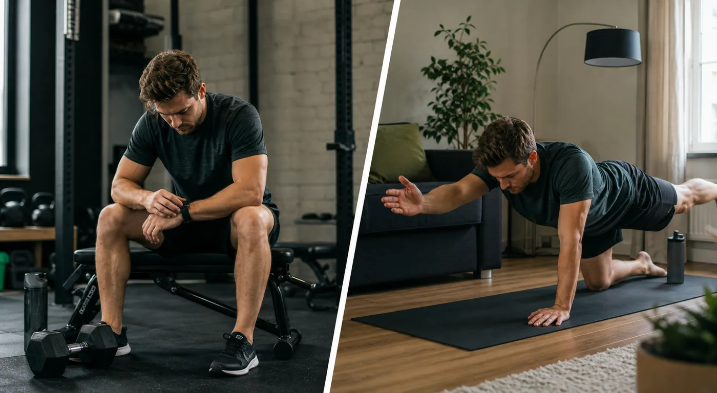 A busy person balancing a short gym session and a home workout option