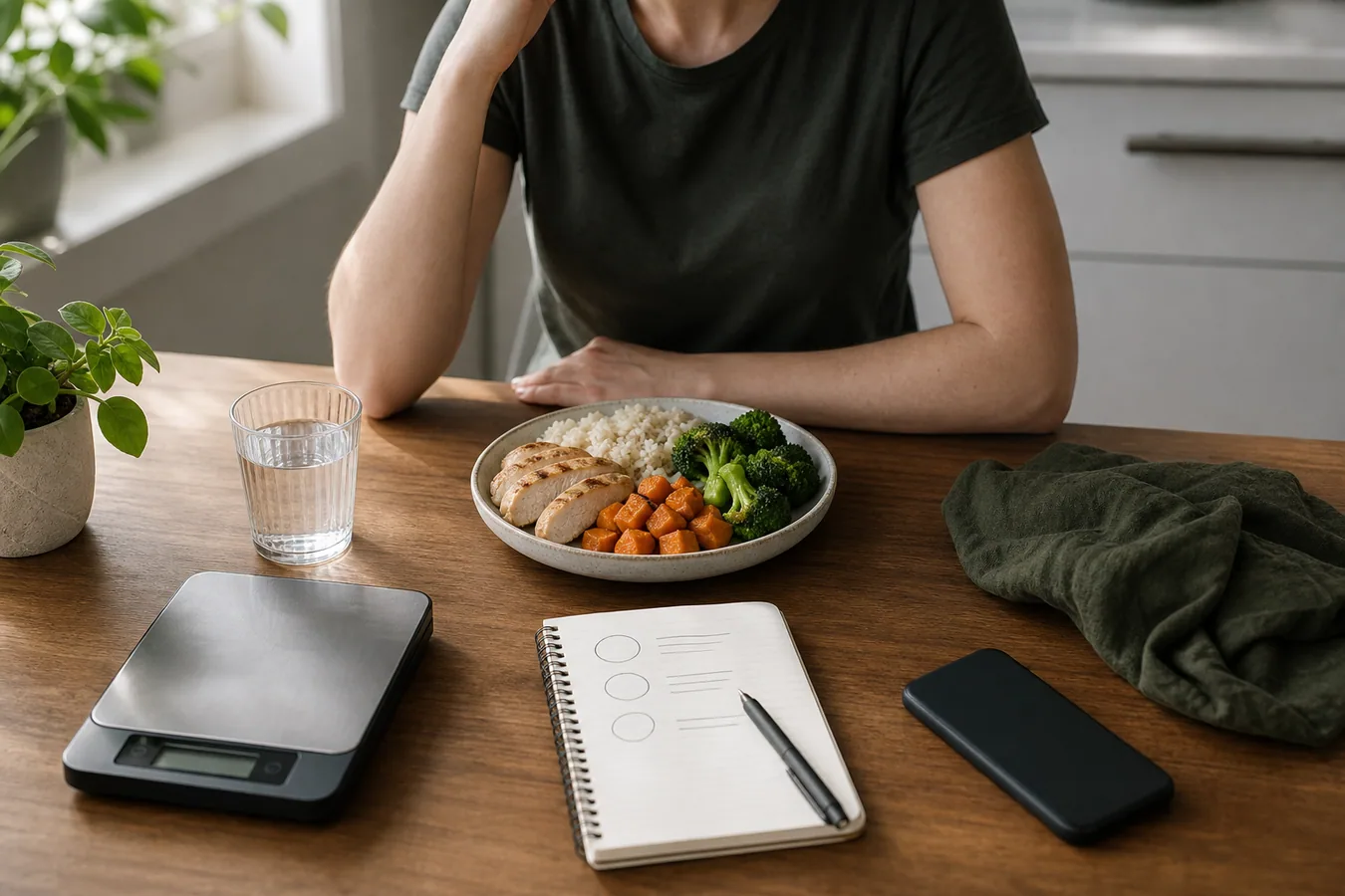 A simple balanced bowl with protein, vegetables, grains, water, and a notebook
