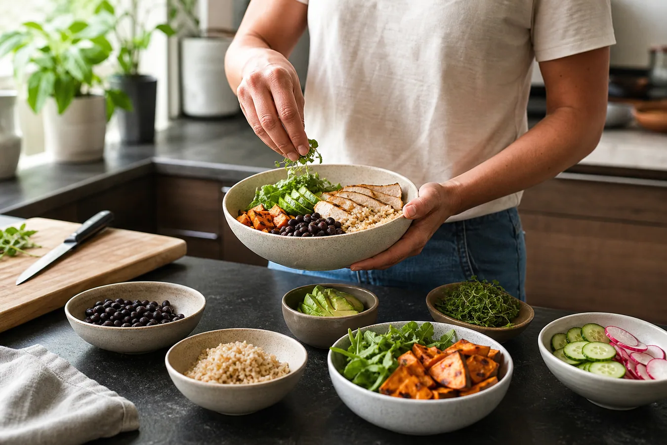 A person preparing simple balanced meals with protein and vegetables in a home kitchen