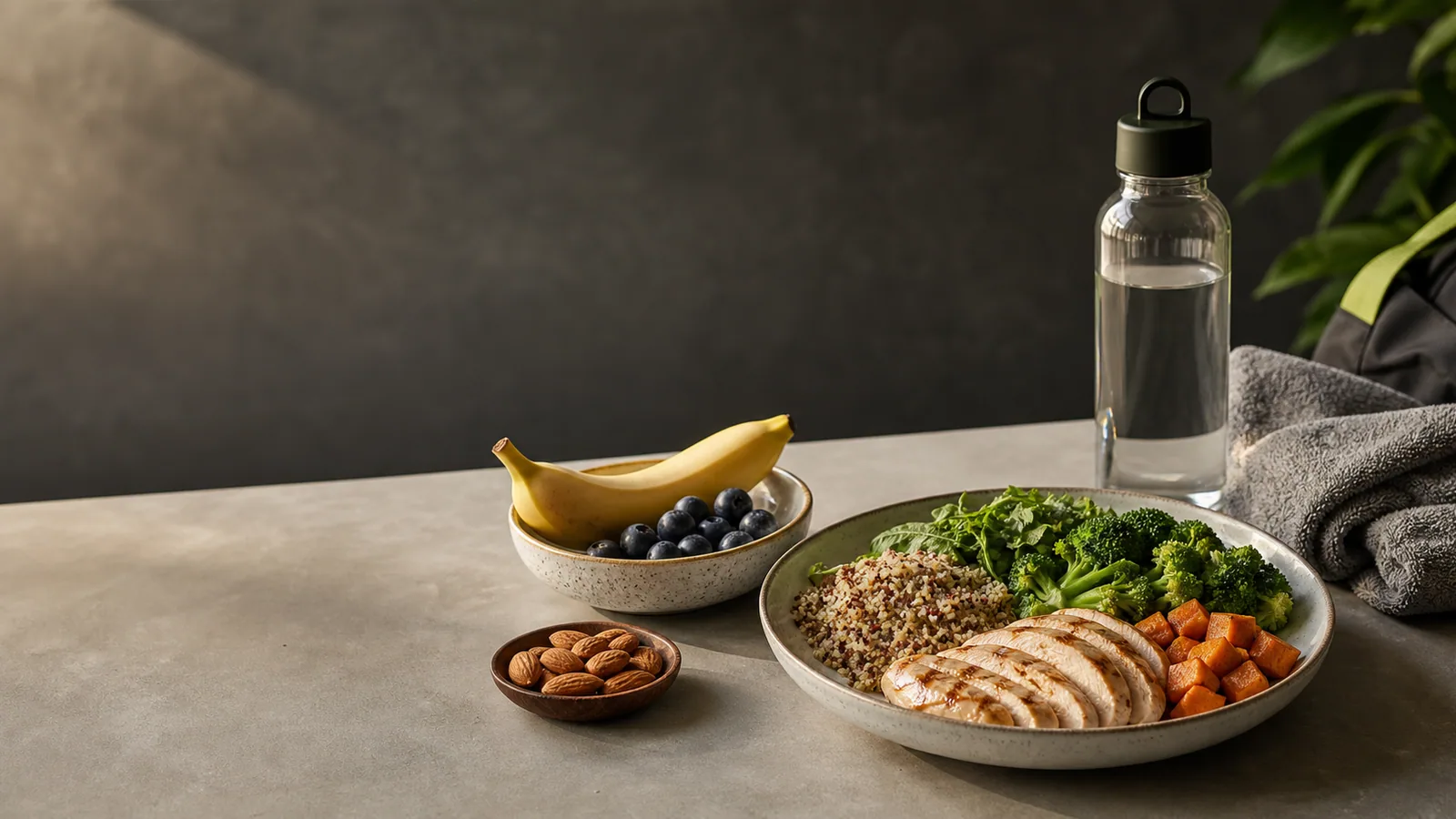 Simple pre-workout and post-workout foods arranged on a kitchen table