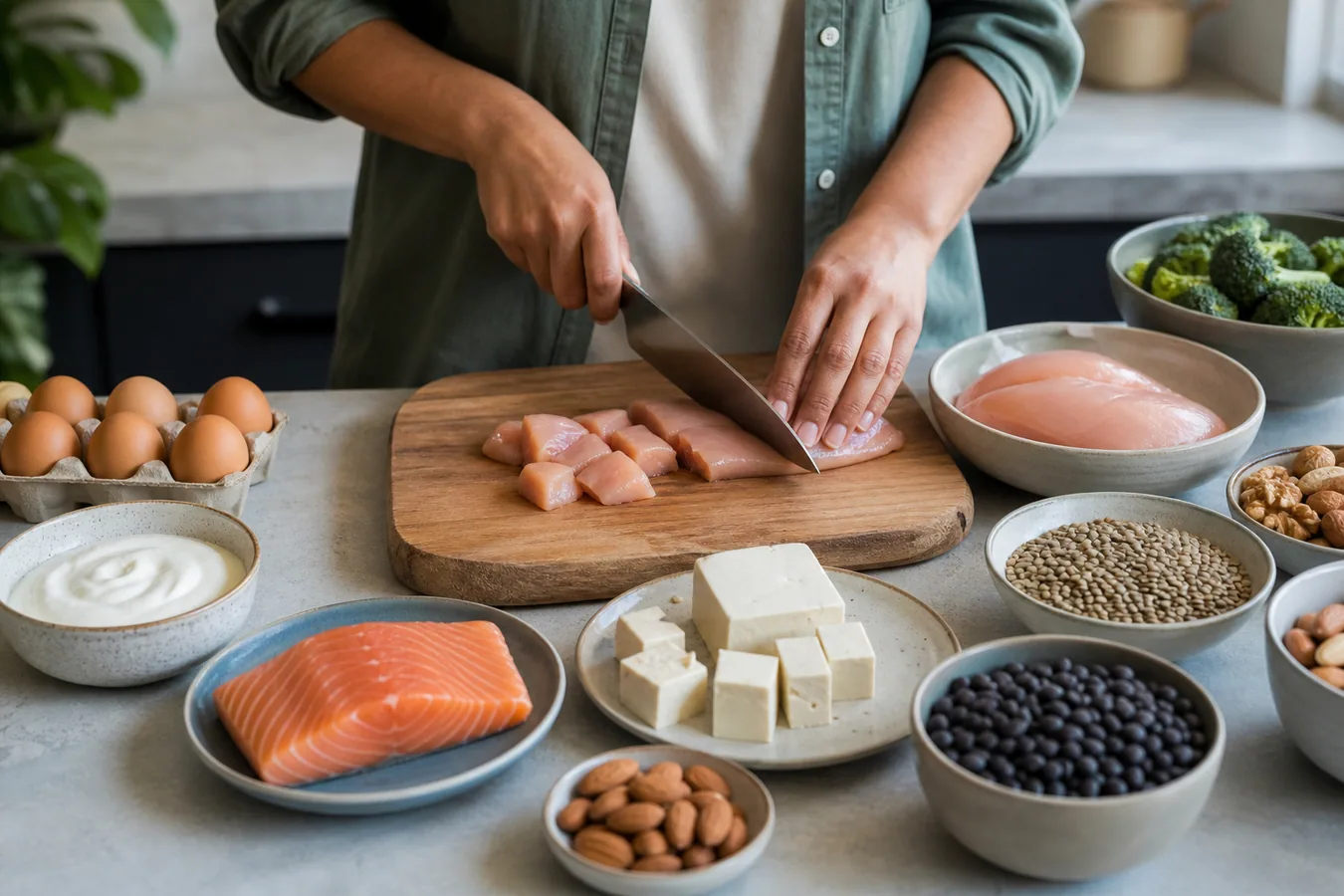 A person preparing simple protein-rich meals with chicken, tofu, beans, yogurt, and vegetables