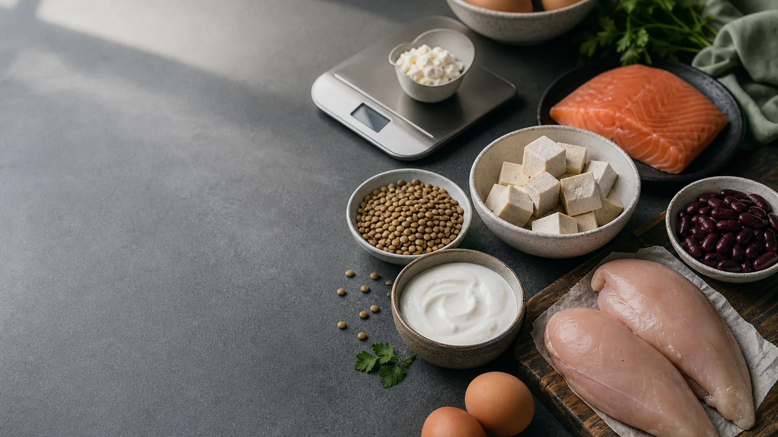 Everyday protein-rich foods arranged for a realistic muscle-building meal plan
