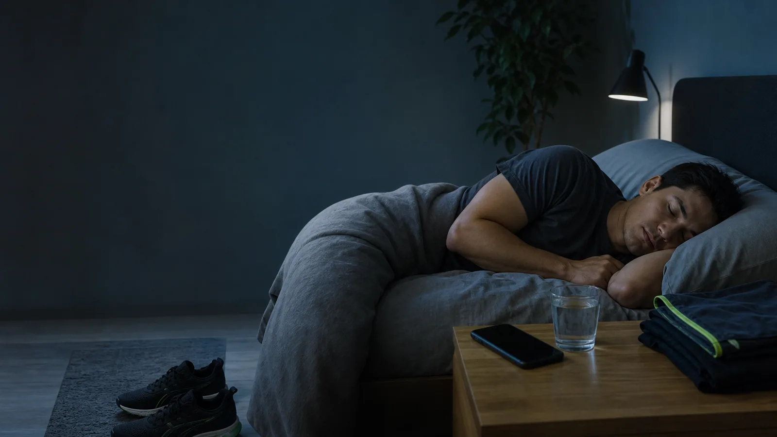 A calm bedroom with a phone face down and workout clothes ready for the next morning