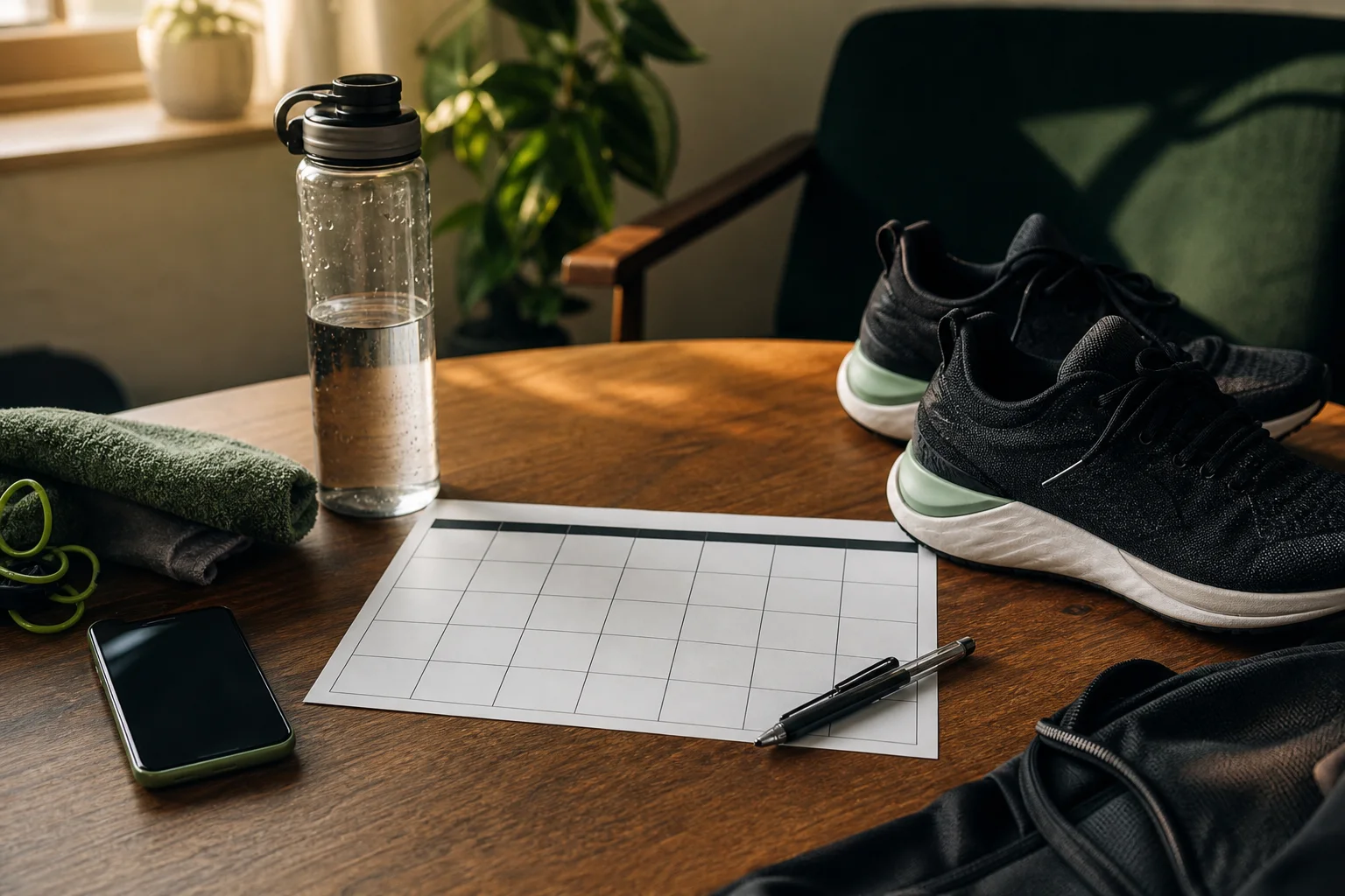 A flexible weekly workout plan beside a phone, water bottle, and training shoes