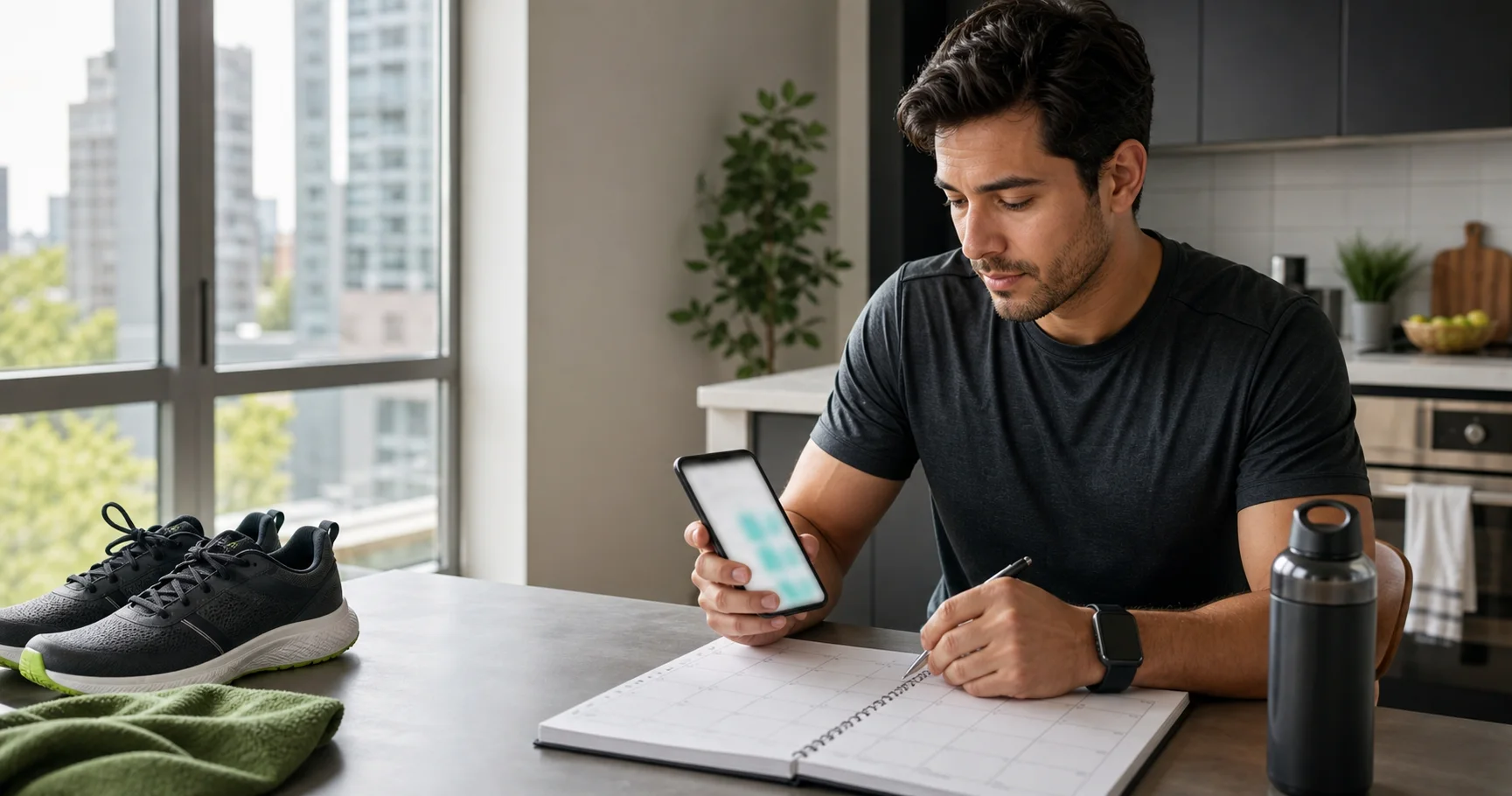 A busy professional choosing a flexible workout plan beside a calendar and training shoes