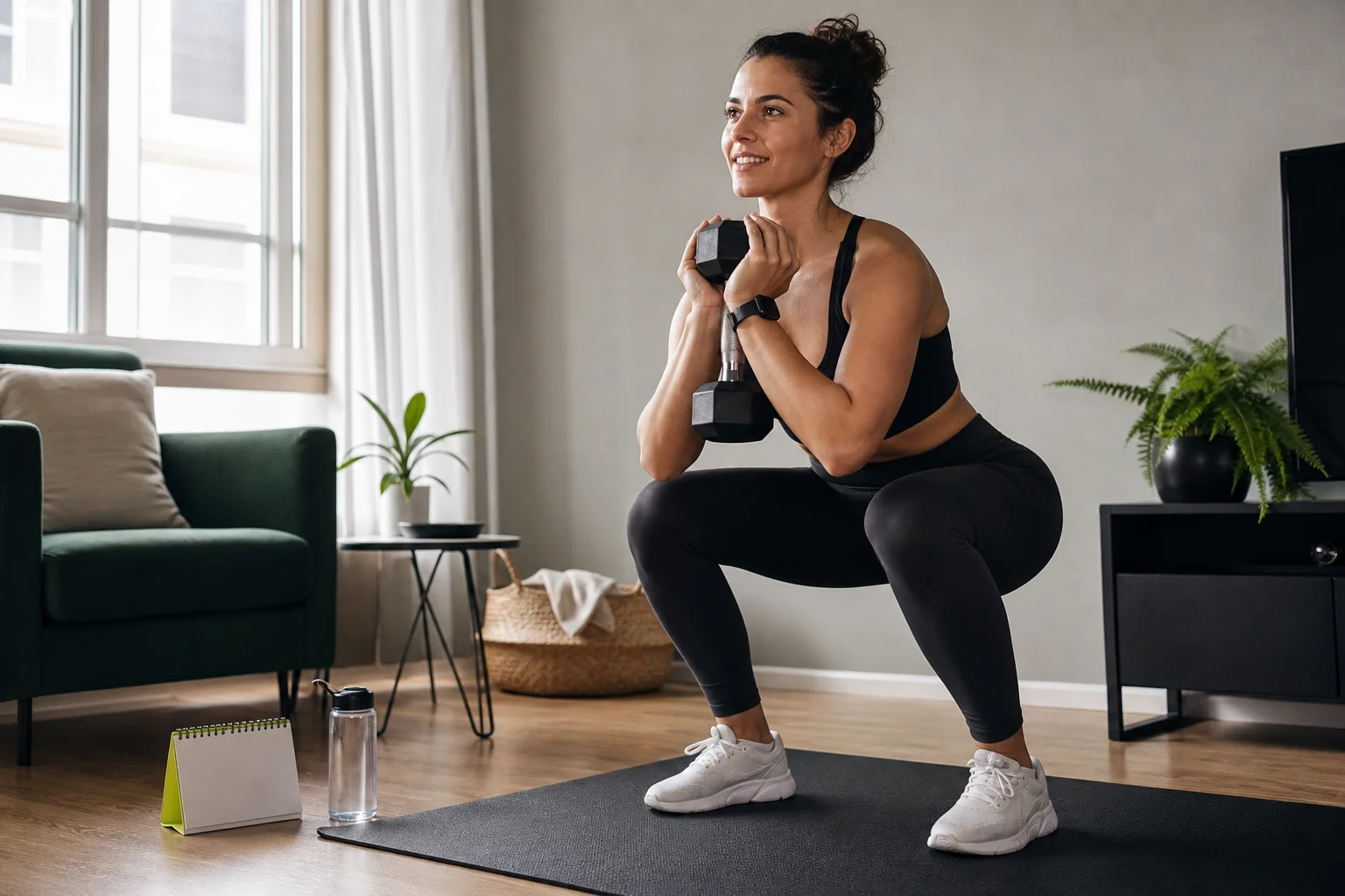 A calm workout routine with a timer, small weights, and a simple weekly checklist