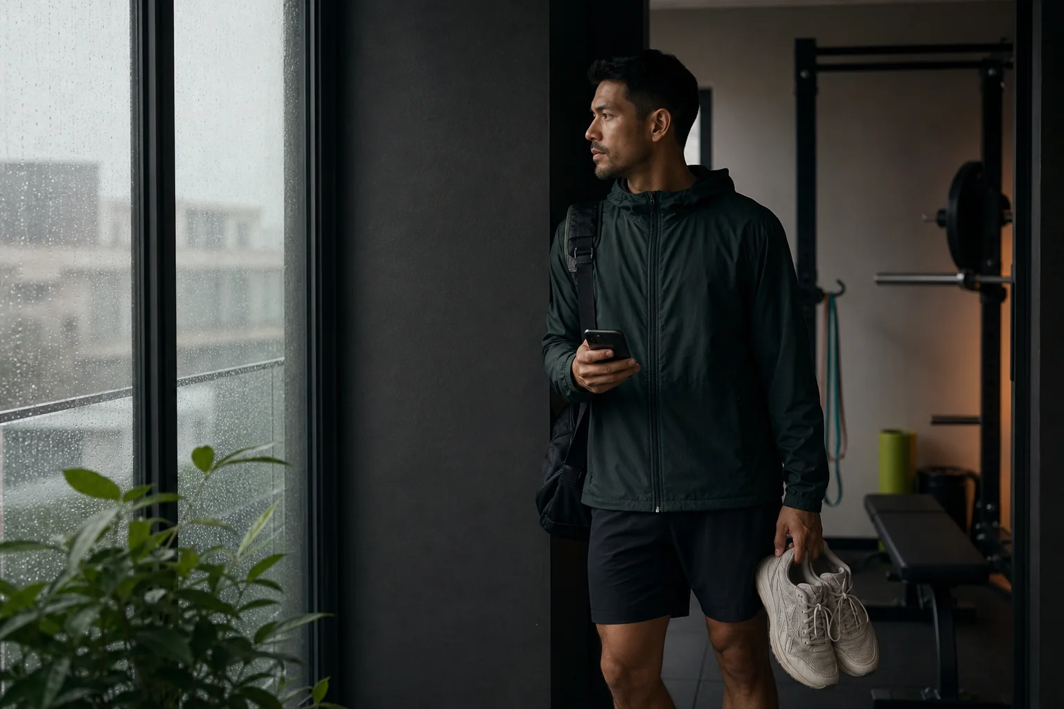 A person following a simple workout routine at home with a phone and water bottle