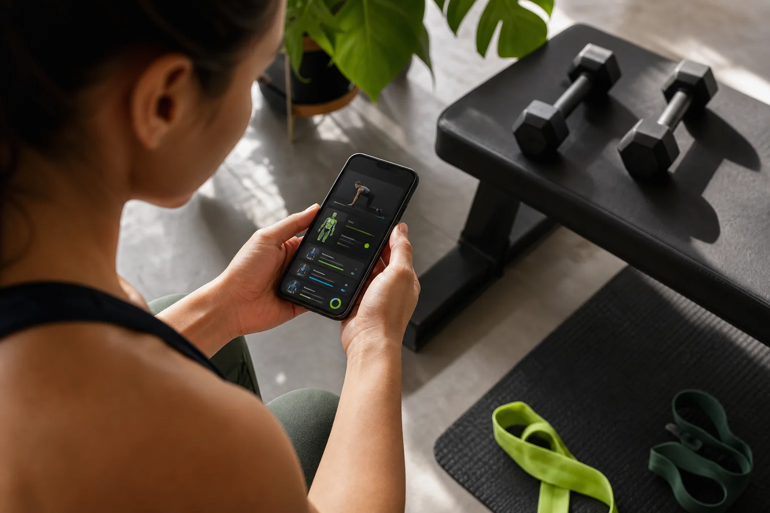 A person comparing a personalized workout plan on a phone with simple home gym equipment nearby