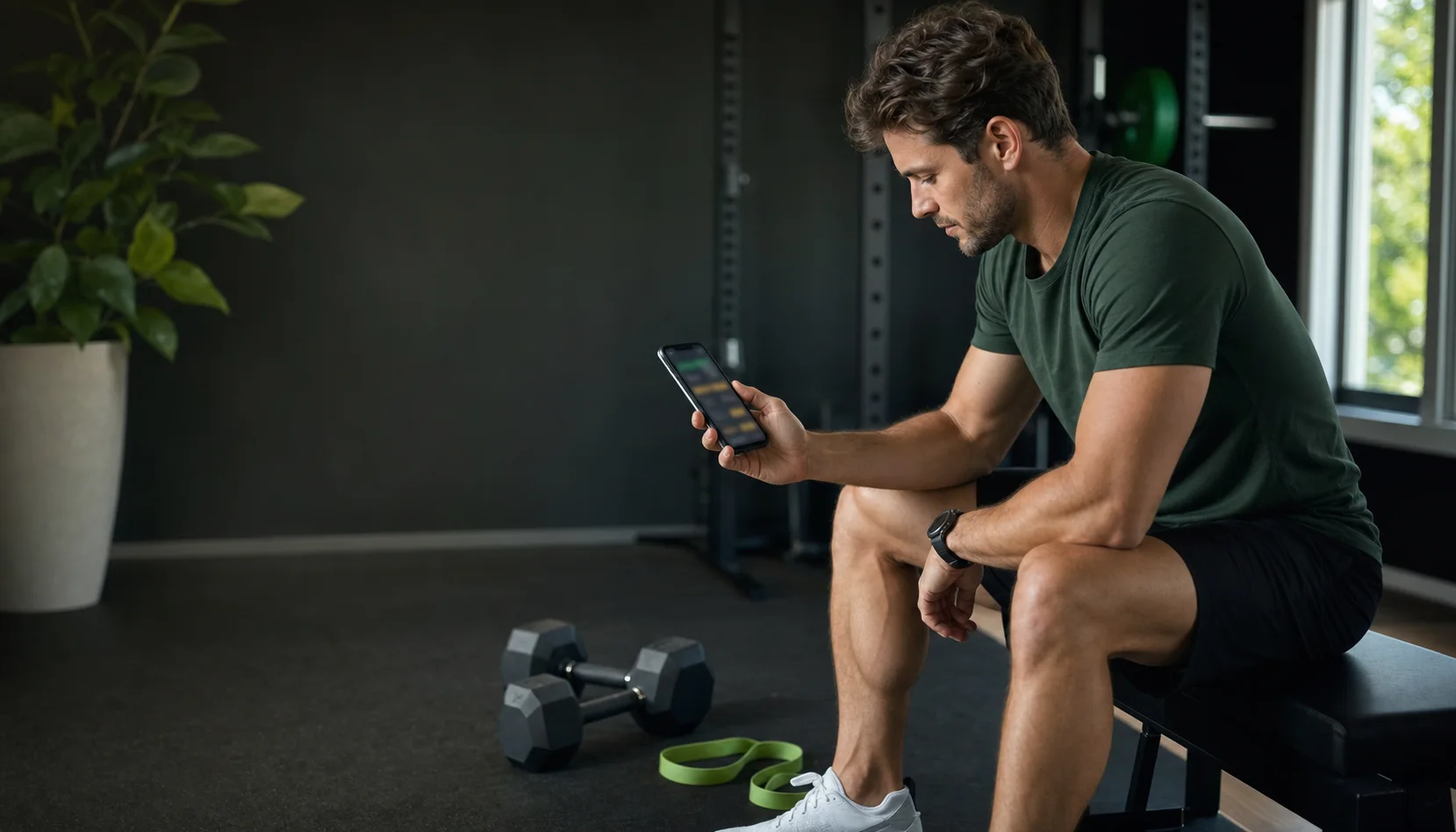 An athlete reviewing a personalized training plan on a phone in a modern home gym