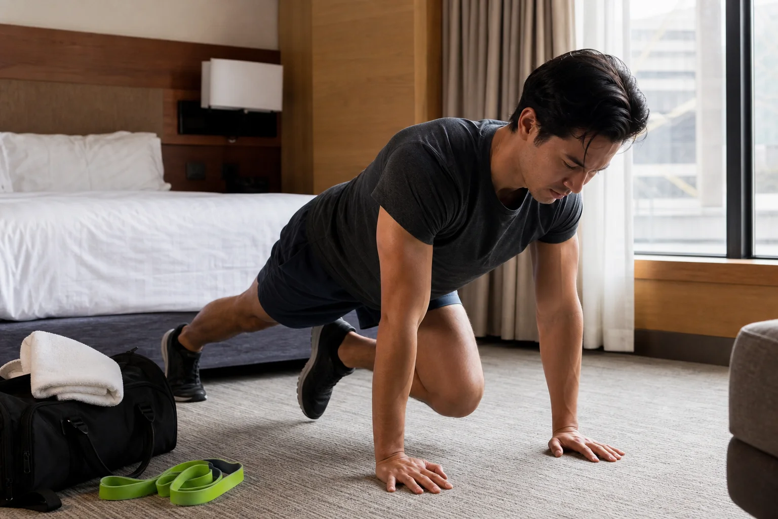 A traveler using a resistance band for a short workout in a compact hotel room