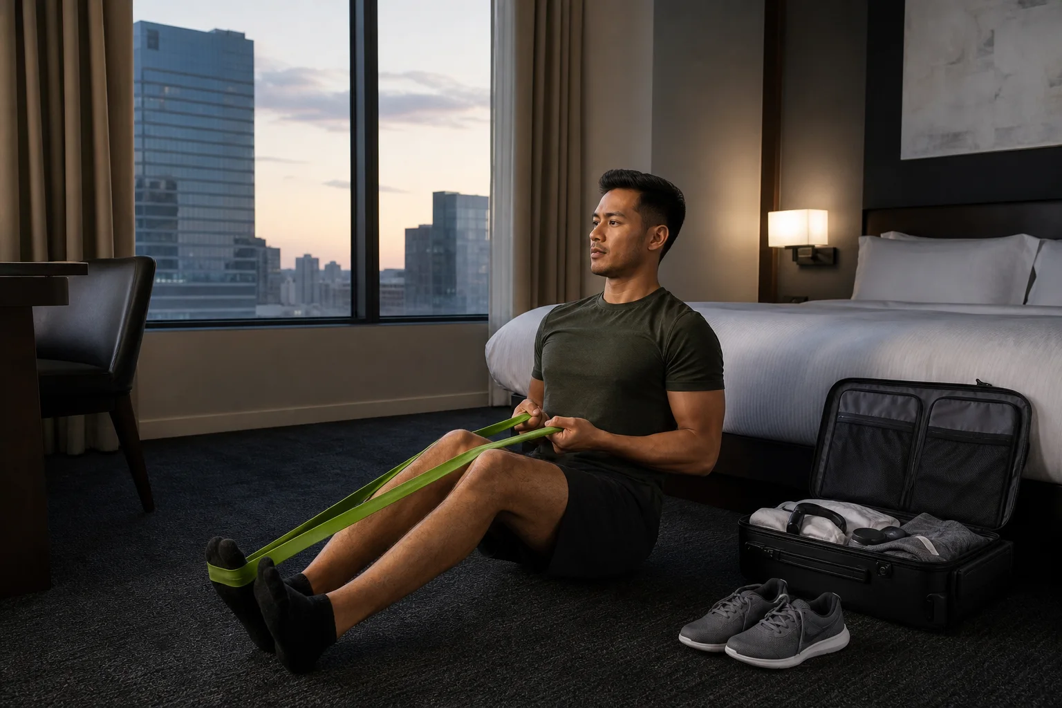 A traveler adapting a short workout in a hotel room with a resistance band