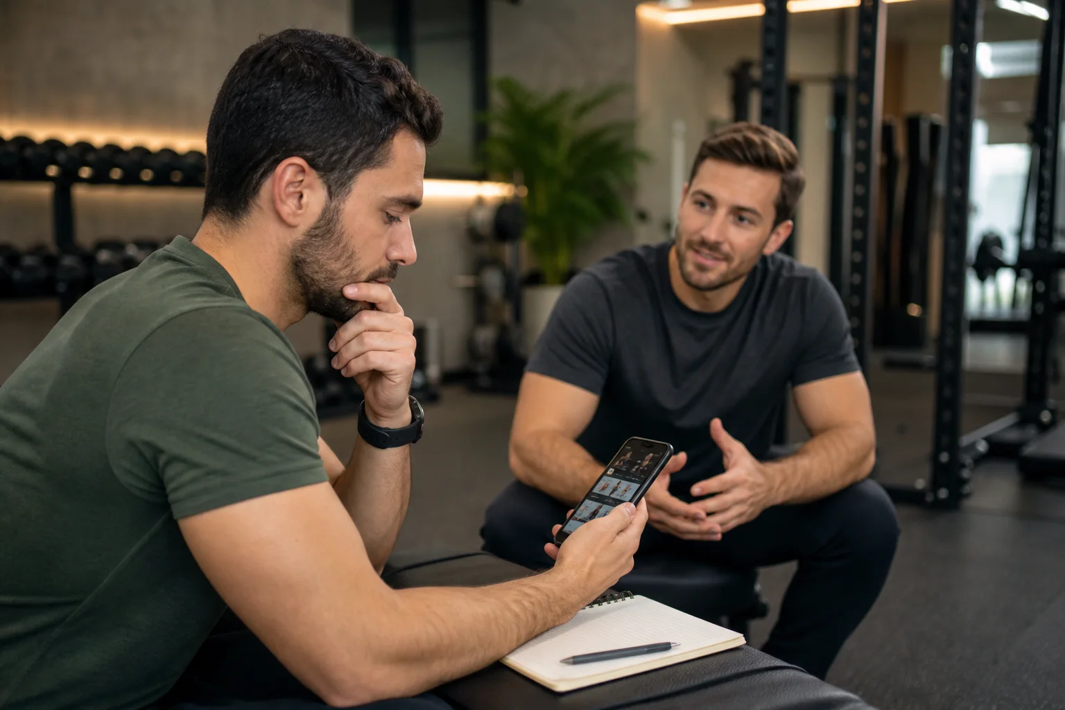 A person comparing a digital workout plan with a conversation with a fitness coach