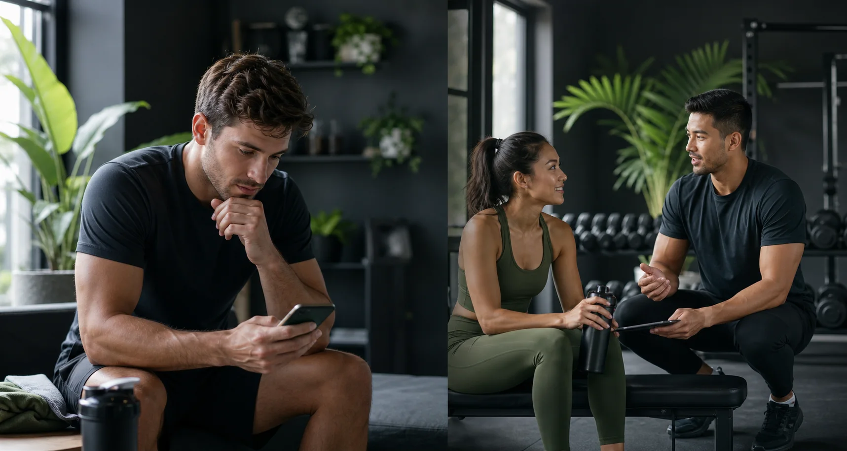 A split visual of a person reviewing a workout plan and talking with a personal trainer