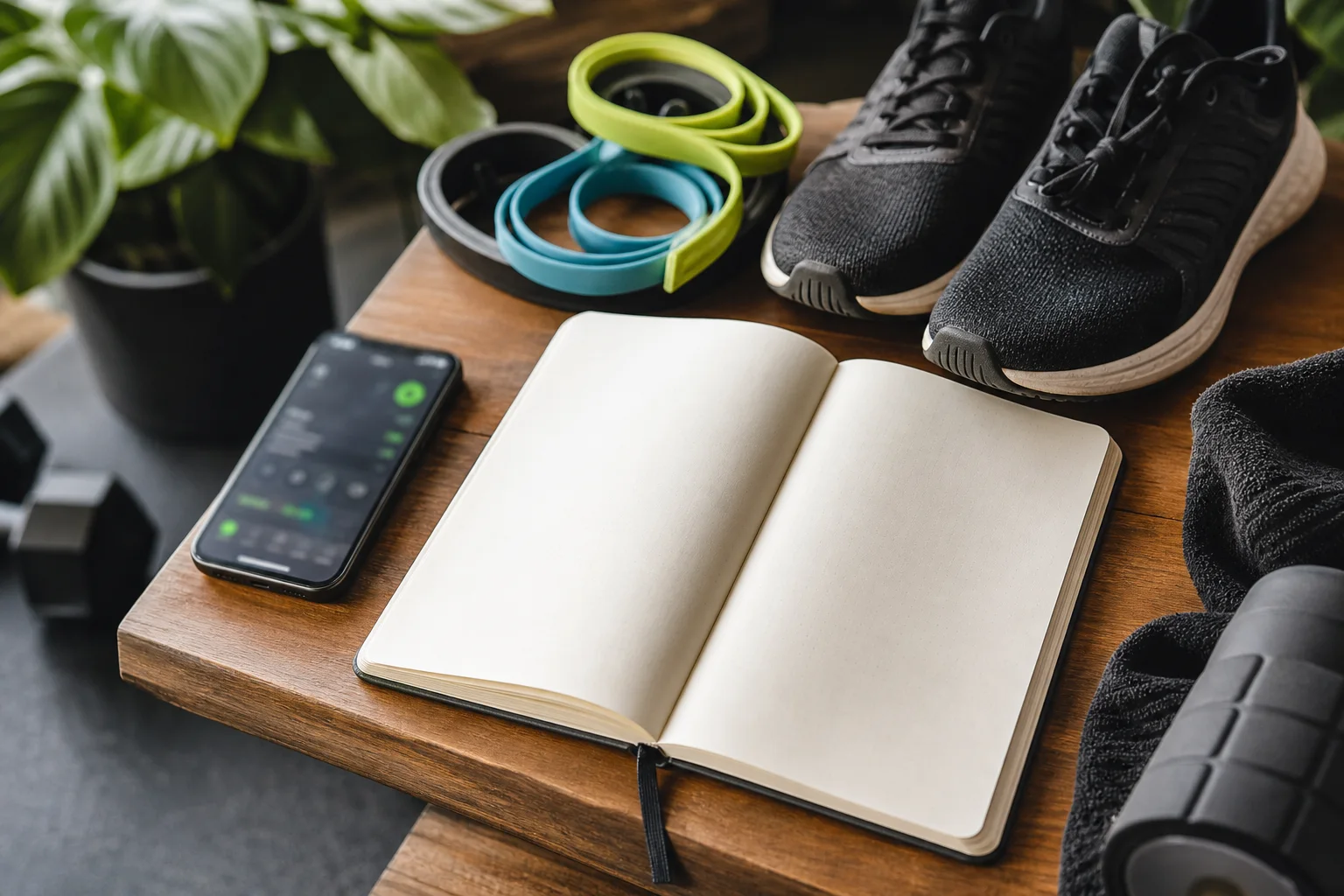 A simple workout log and a flexible 90-day plan placed side by side in a home gym