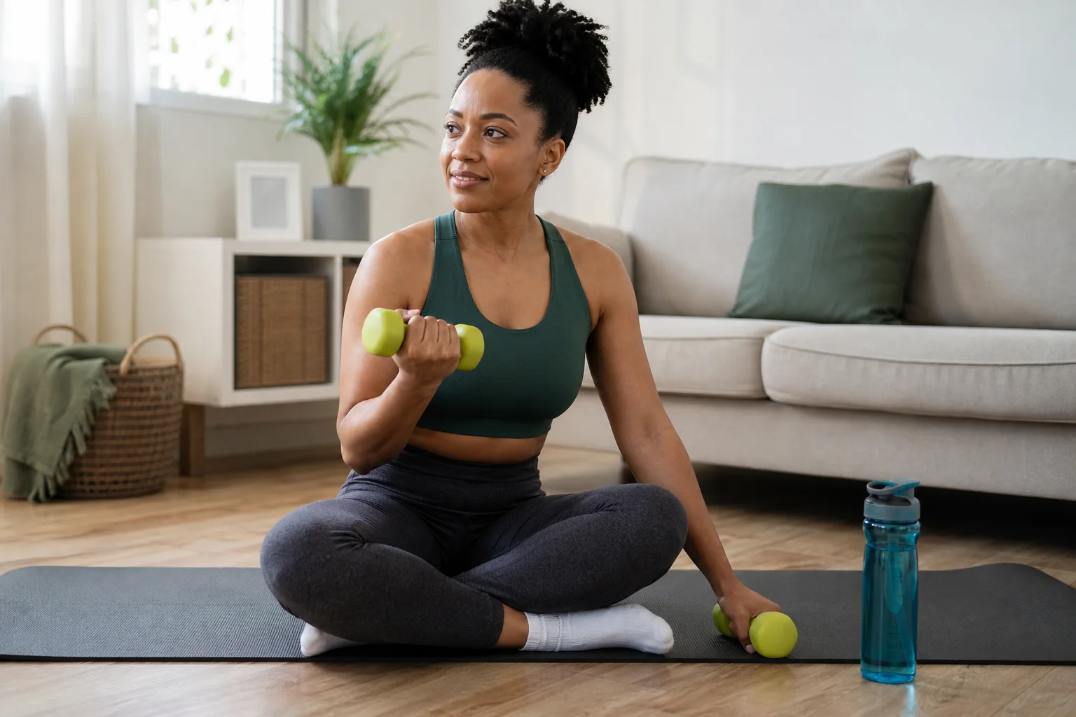 A person beginning a low-pressure workout after a break with a mat and light weights
