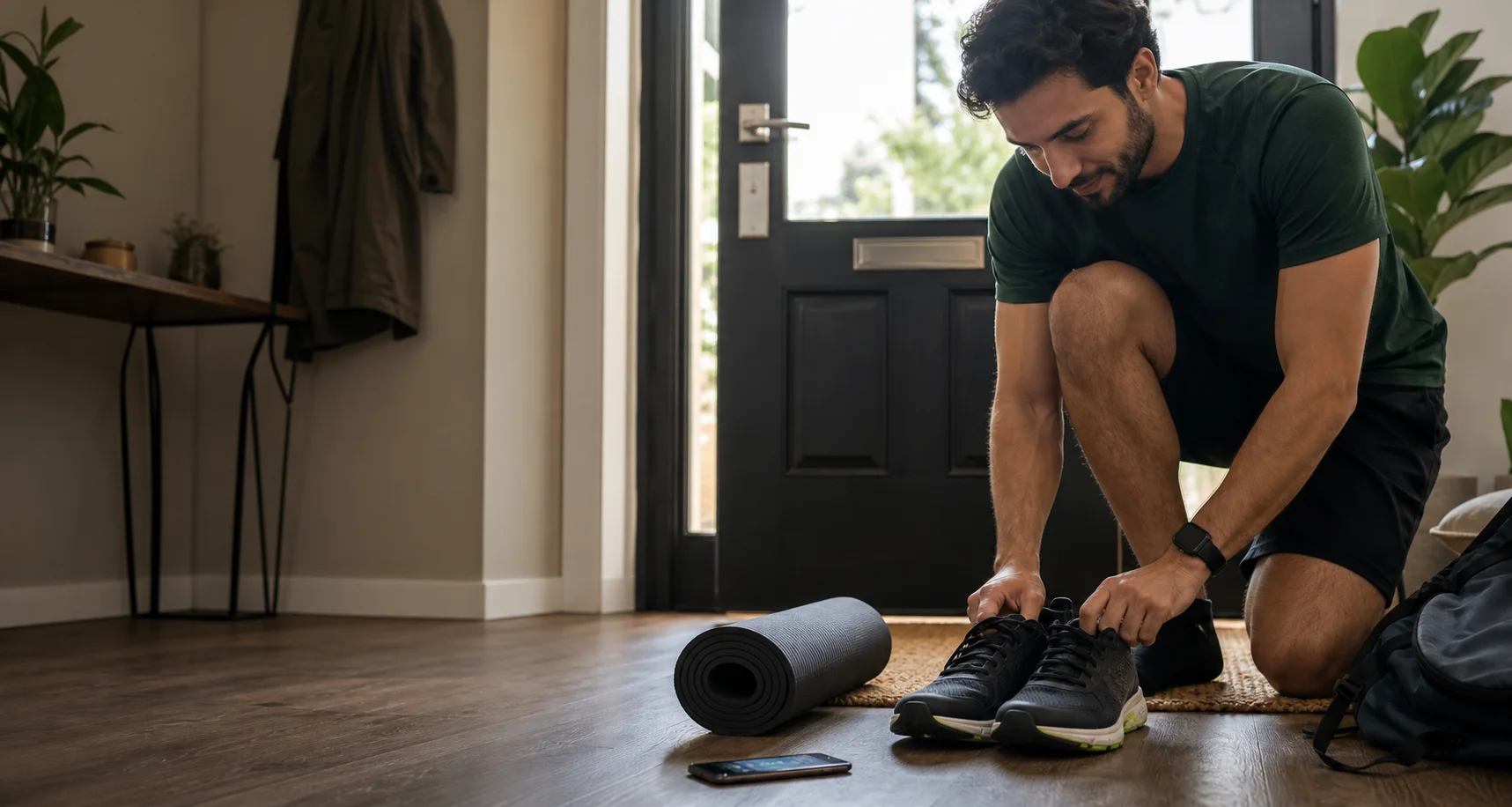 A person restarting a workout routine with shoes and a mat ready by the door