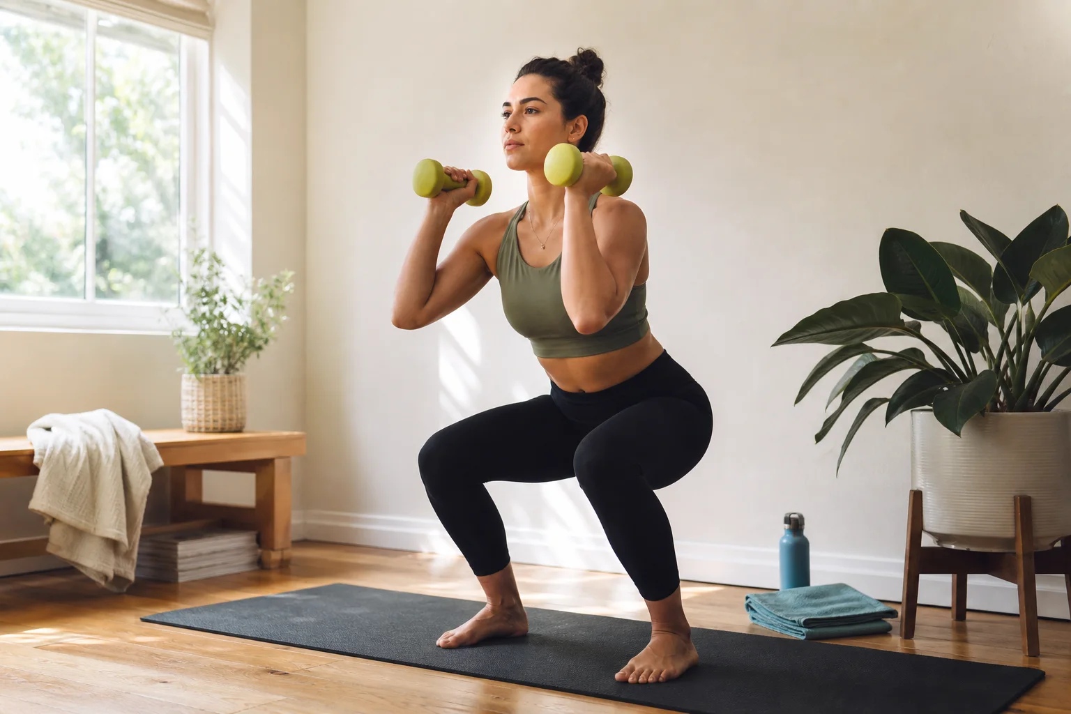 A beginner following a simple short workout with light weights in a bright room