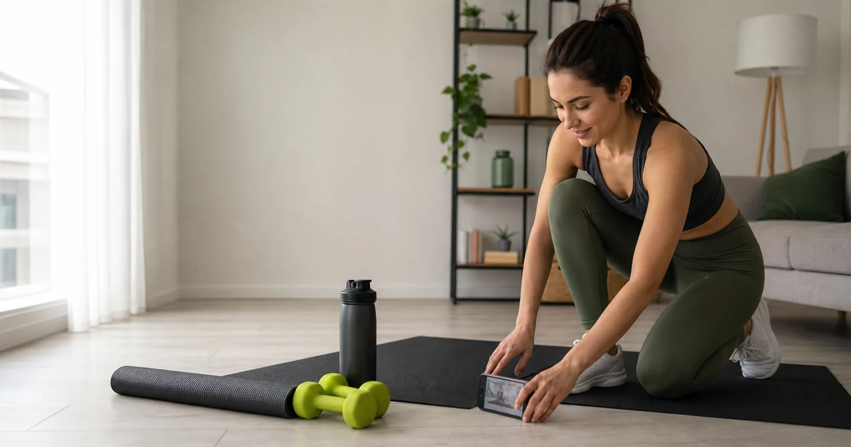 A beginner setting up a short home workout with a mat and light dumbbells
