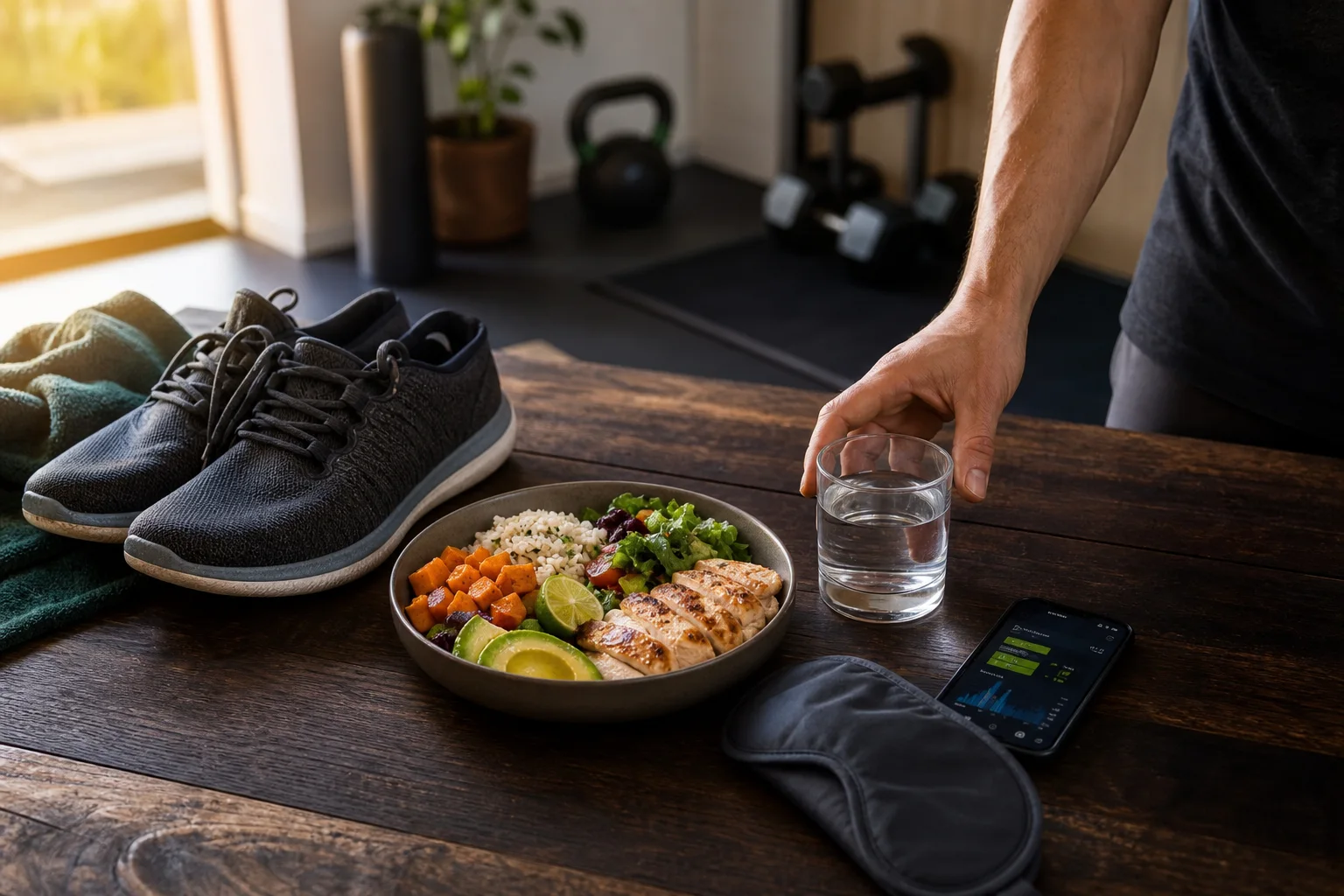 A balanced fitness setup with training shoes, a simple meal, and a sleep mask