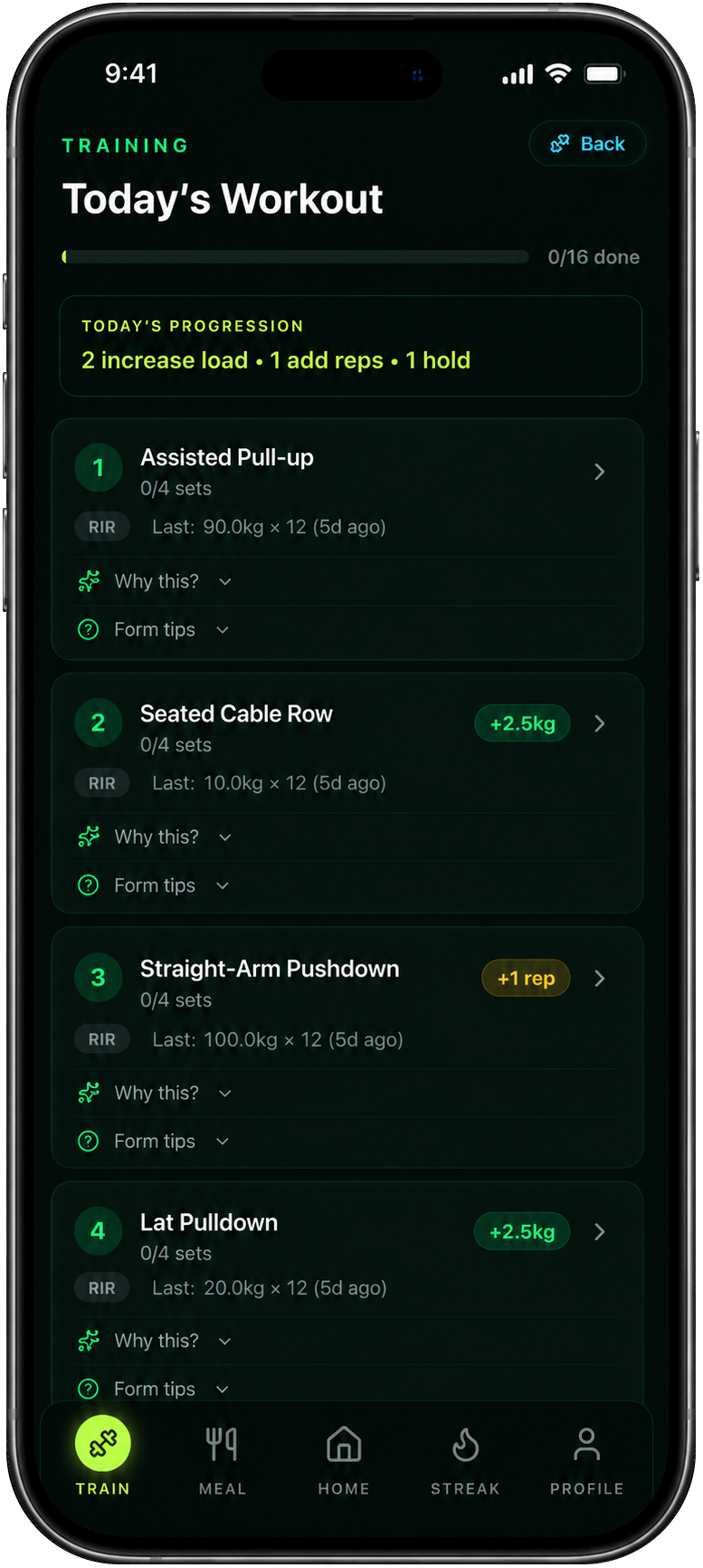 Reset.90 AI Train screen — exercises, sequence, and progression cues