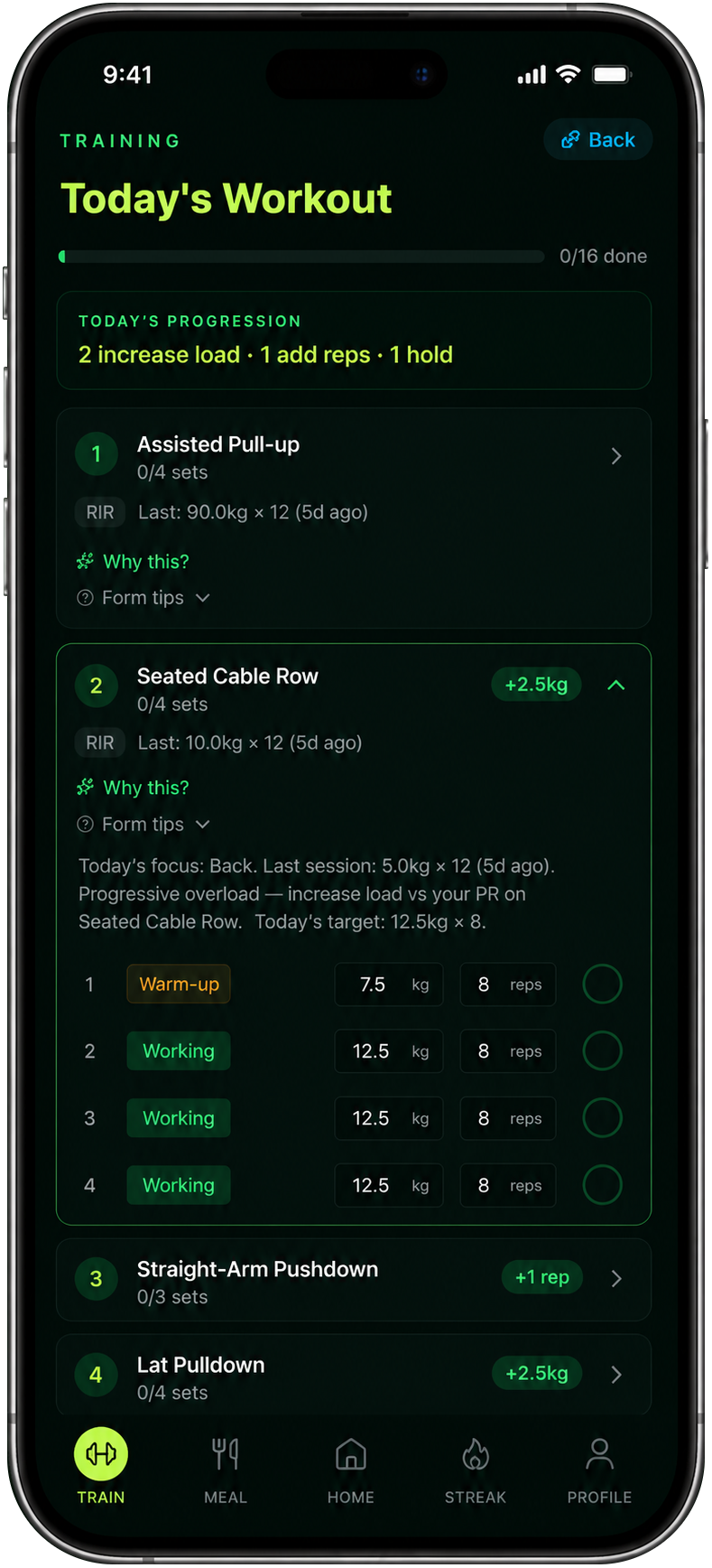 Reset.90 AI exercise detail — weight, reps, warm-up, and working sets