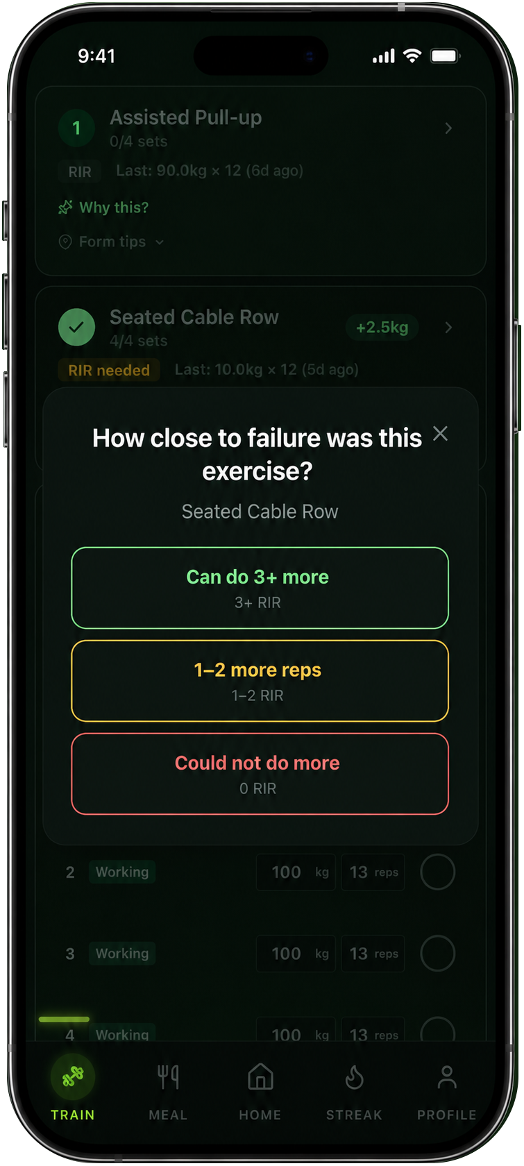 Reset.90 AI RIR feedback — effort tracking that feeds progressive overload
