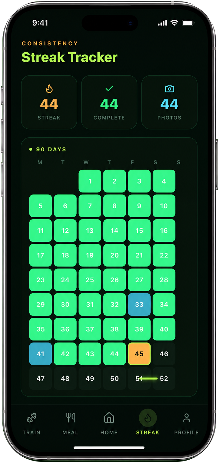 Reset.90 AI 90-day streak calendar — completed days, accountability, and consistency